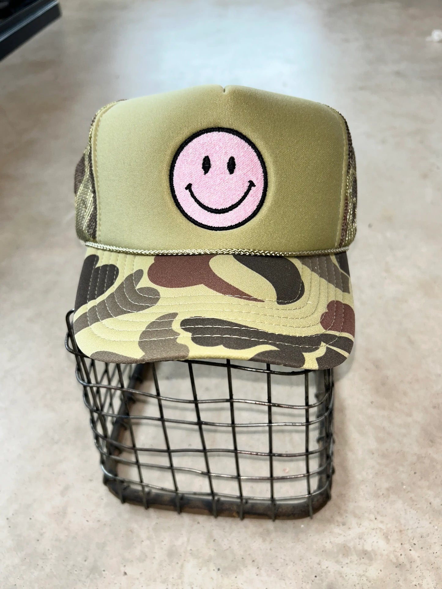 Pink Smiley Camo Trucker