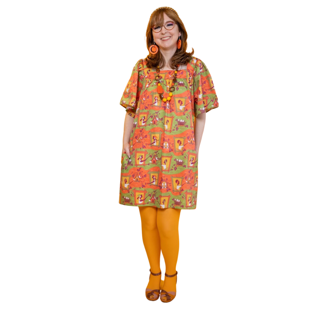 Brownstone Betties Square Neck Dress in Pumpkin & Olive