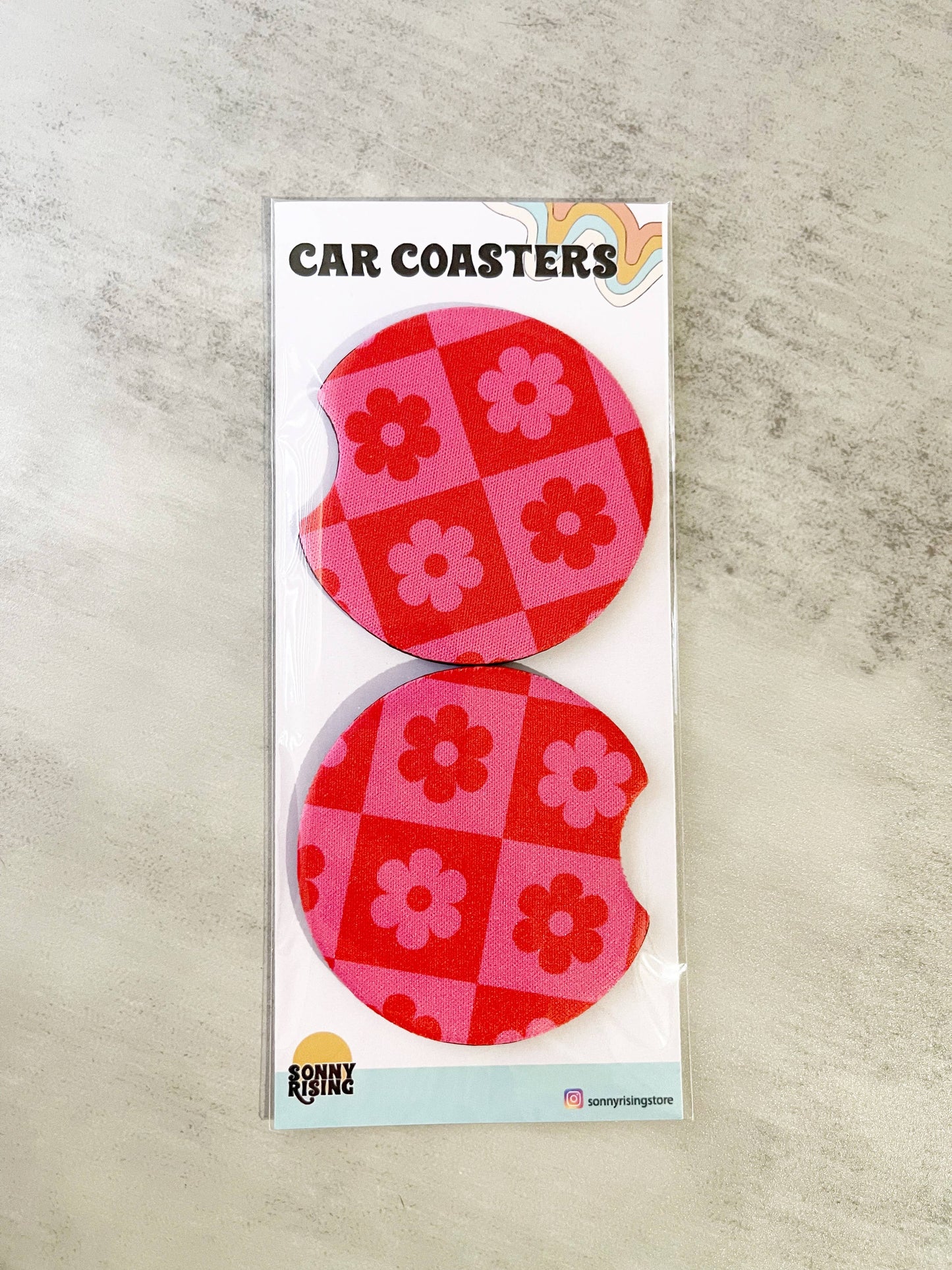 2 Car Coasters, Pink Checkered Daisy Design