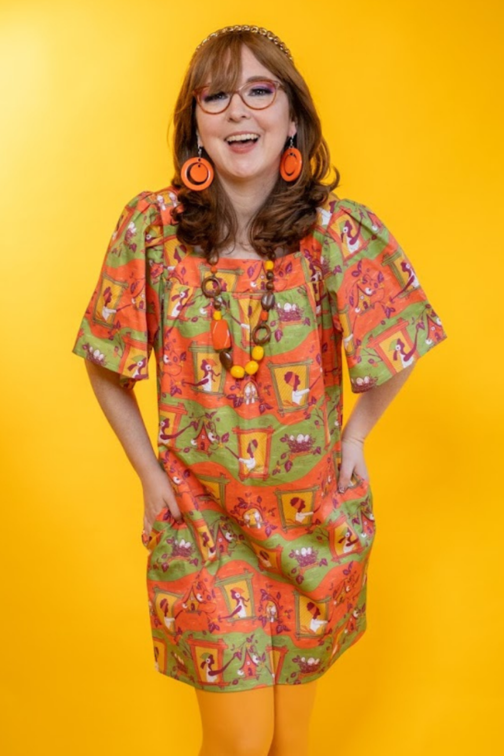 Brownstone Betties Square Neck Dress in Pumpkin & Olive