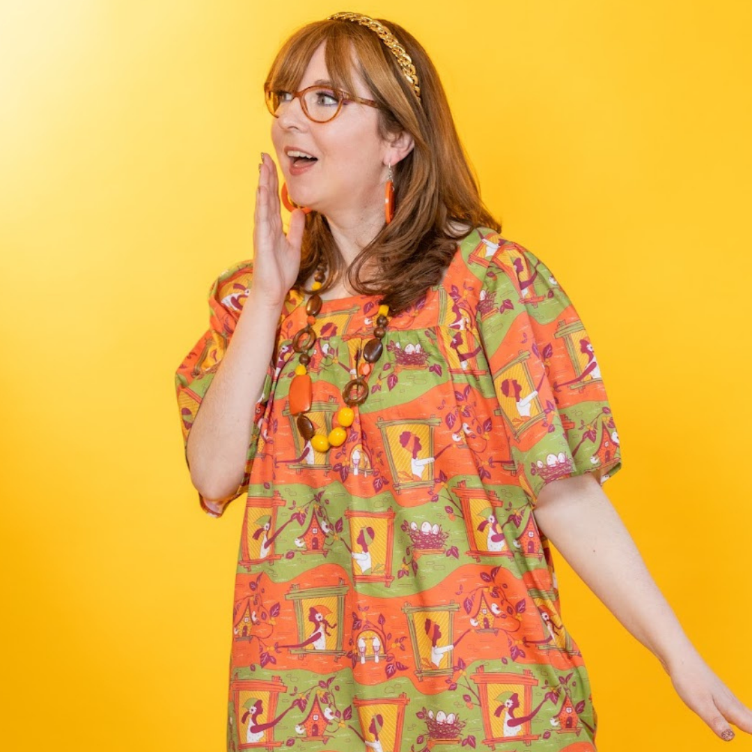 Brownstone Betties Square Neck Dress in Pumpkin & Olive