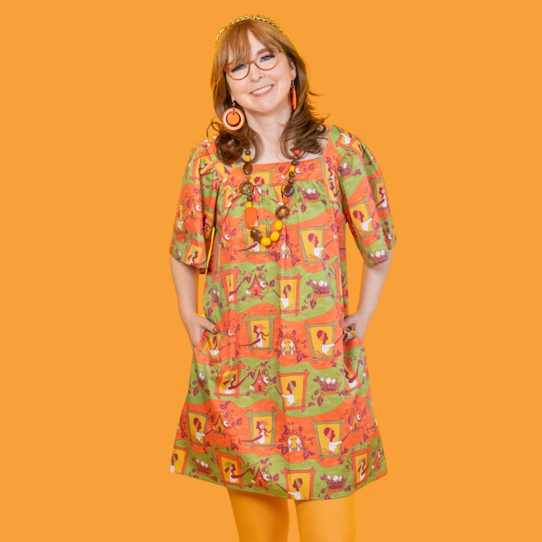 Brownstone Betties Square Neck Dress in Pumpkin & Olive