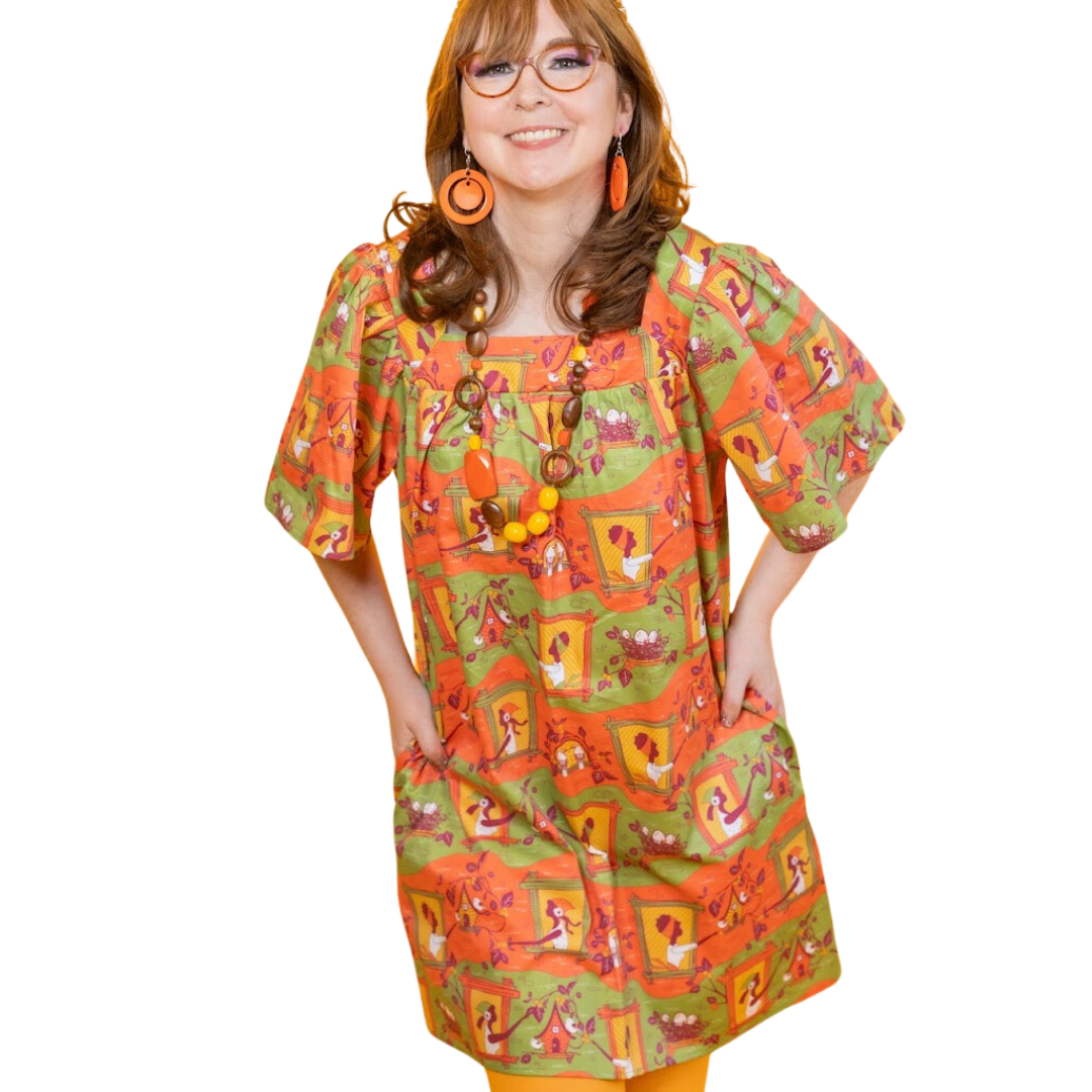 Brownstone Betties Square Neck Dress in Pumpkin & Olive