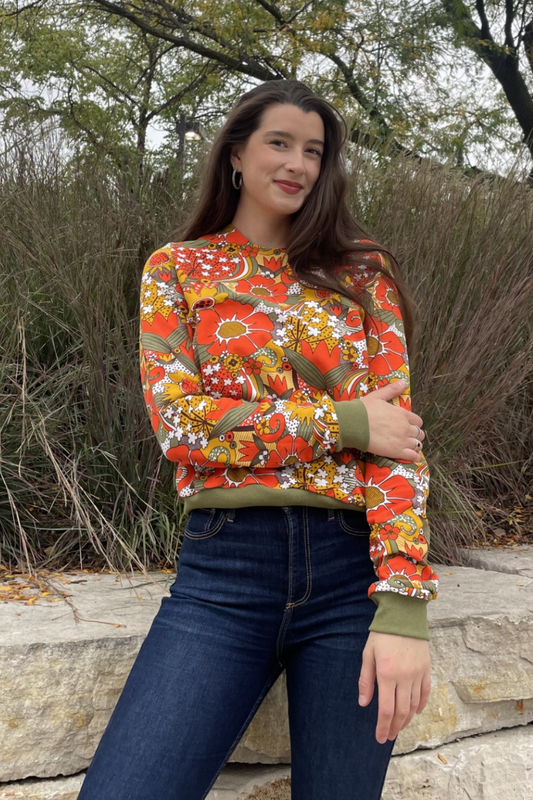 Groovy Floral Pullover in Olive & Orange